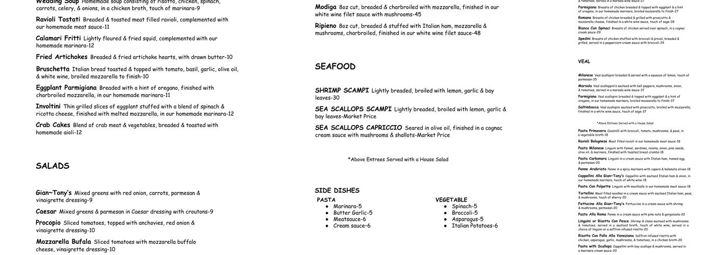 Gian-Tony's Ristorante Menu
