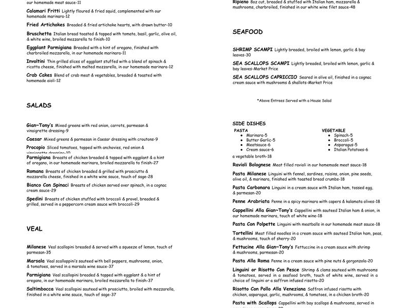 Gian-Tony's Ristorante Menu