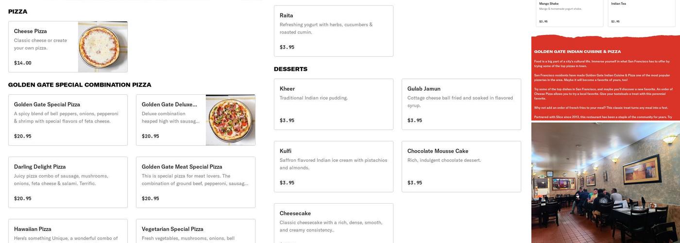 Golden Gate Indian Cuisine & Pizza Menu