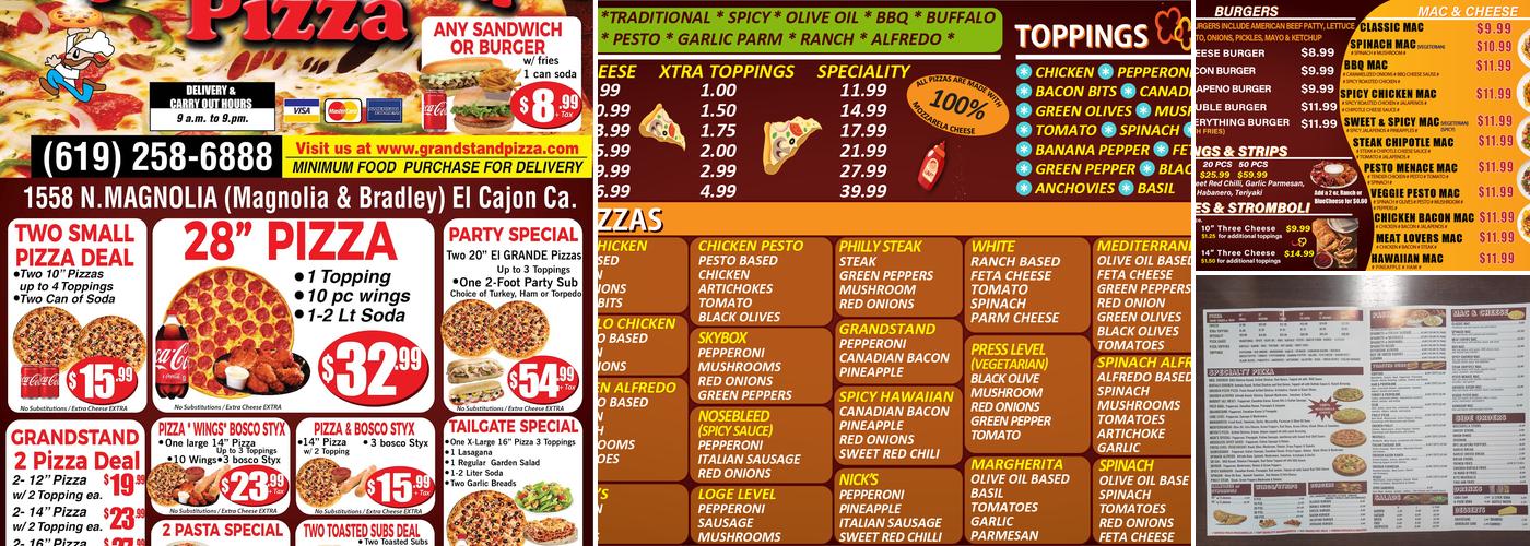 Grandstand Pizza Menu
