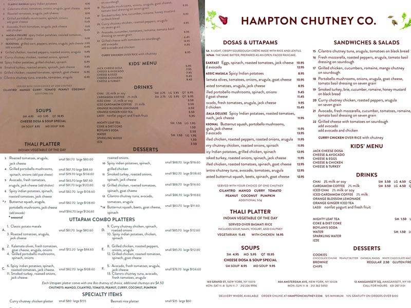 Hampton Chutney Co. Menu