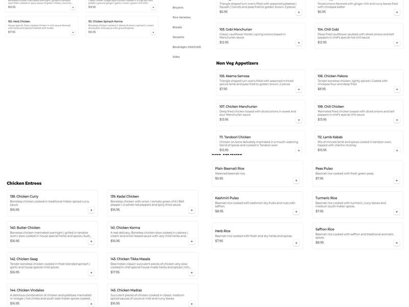 Indian Clay Pot Menu