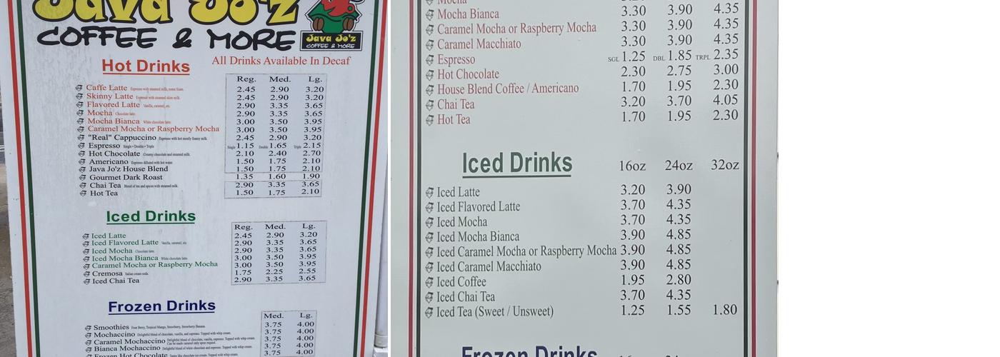 Java Jo'z Coffee & More Menu