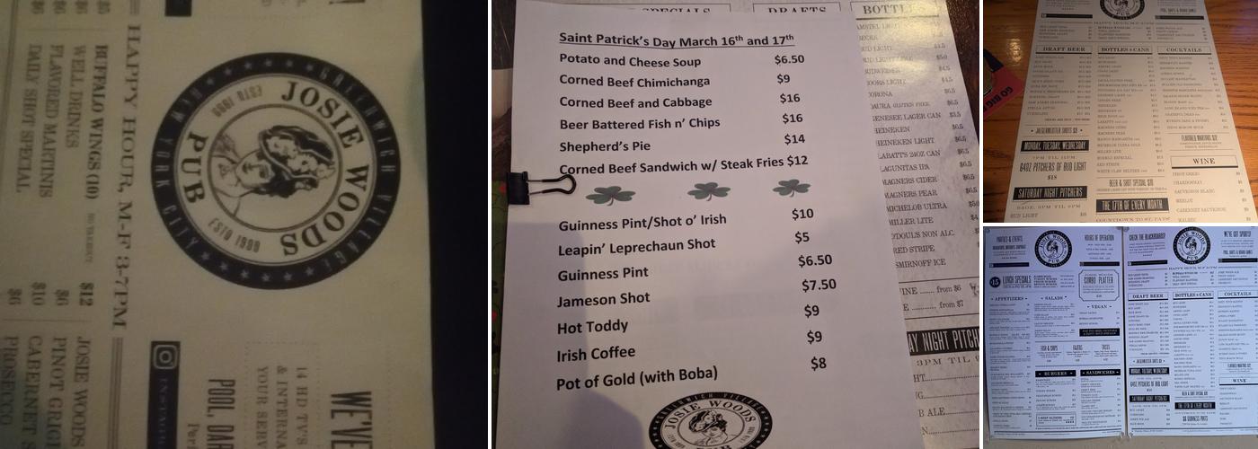 Josie Woods Pub Menu