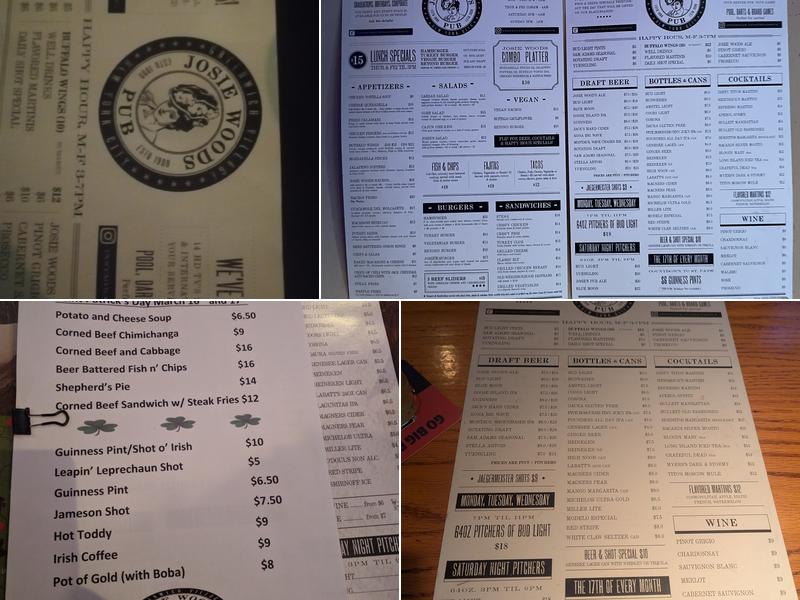 Josie Woods Pub Menu