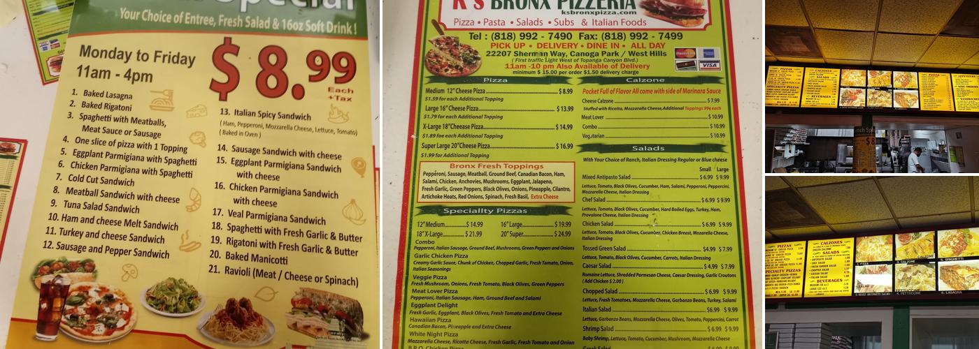 K's Bronx Pizzeria Menu