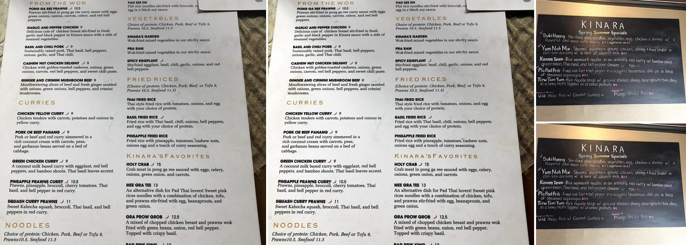 Kinara Thai Menu