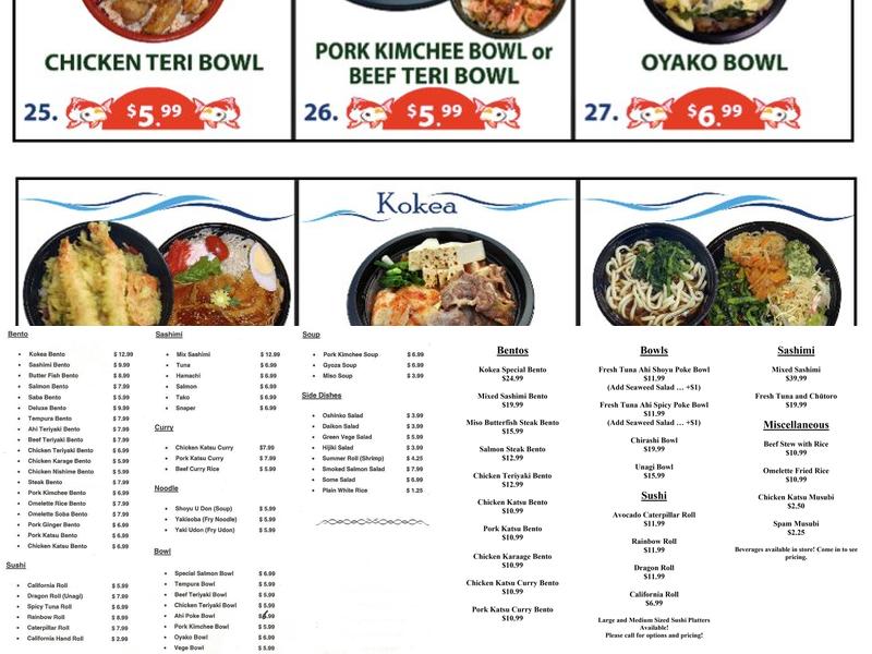 Kokea Bento Menu