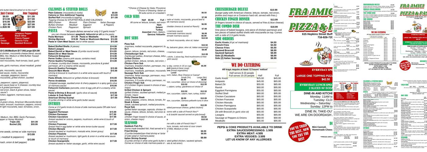 FRA AMICI PIZZA & PASTA Menu