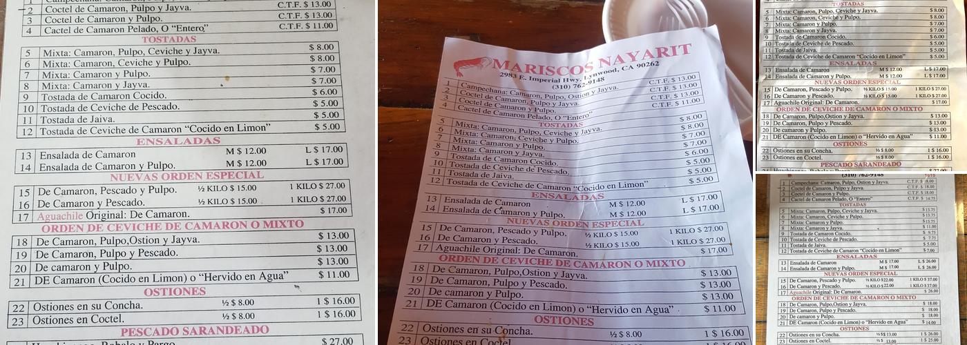 Mariscos Nayarit Menu