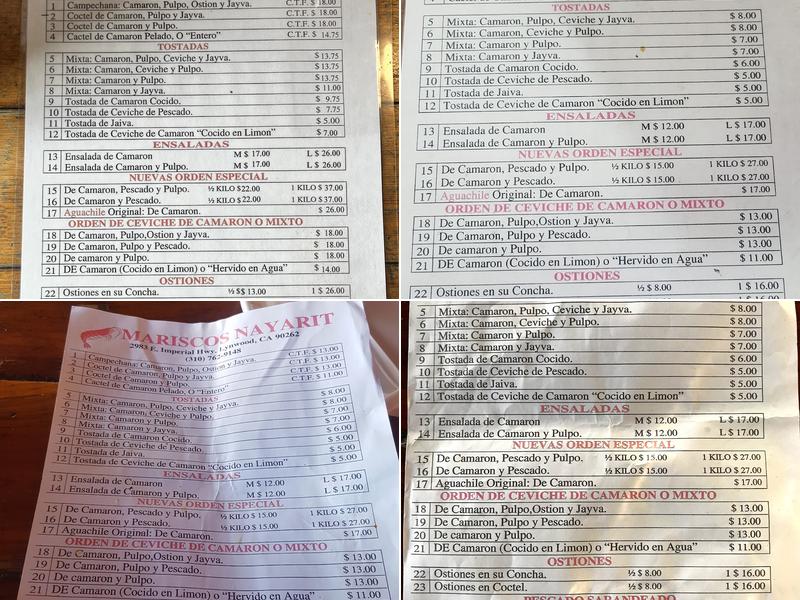 Mariscos Nayarit Menu
