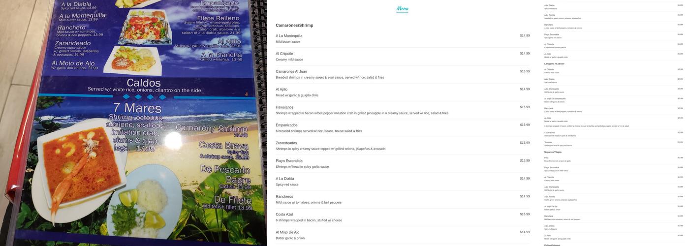 Mariscos Playa Escondida Menu