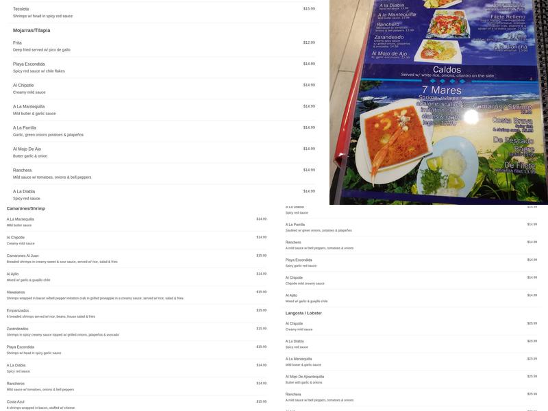 Mariscos Playa Escondida Menu