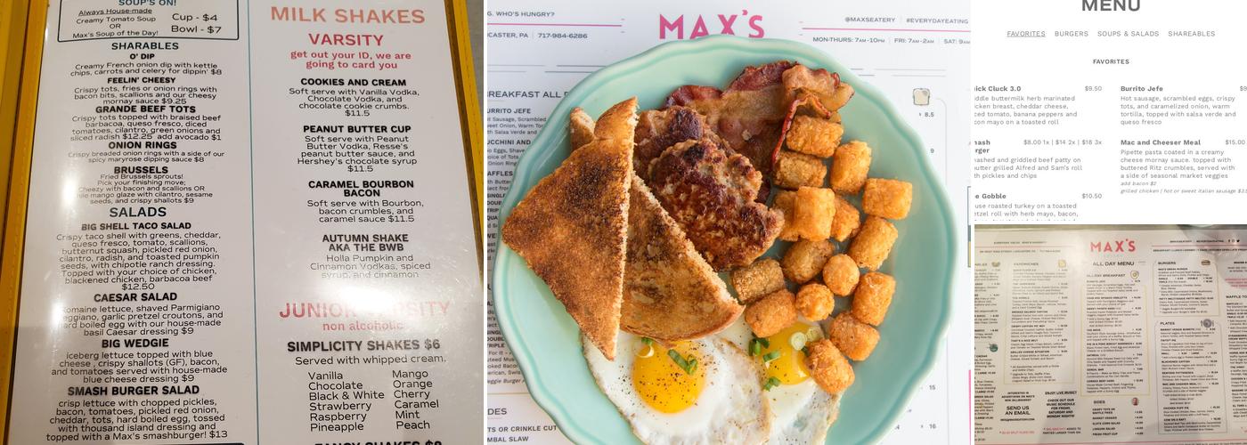 Max's Eatery Menu
