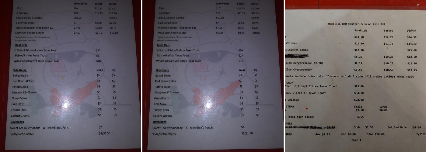 McMillon's Bar-B-Que Menu