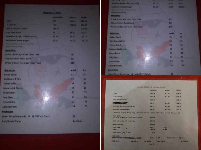 McMillon's Bar-B-Que Menu