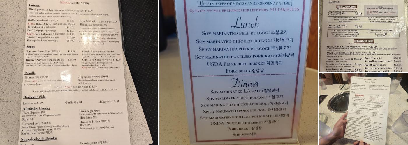 Mirak Korean BBQ Restaurant Menu