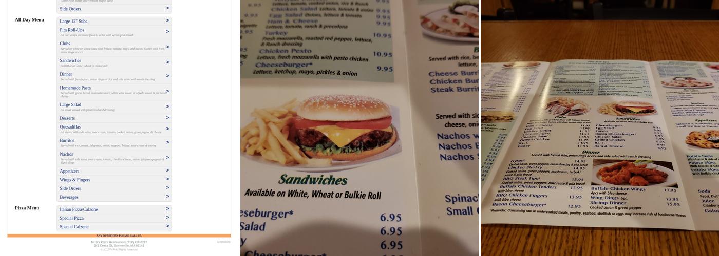 Mr B's Pizza Restaurant Menu