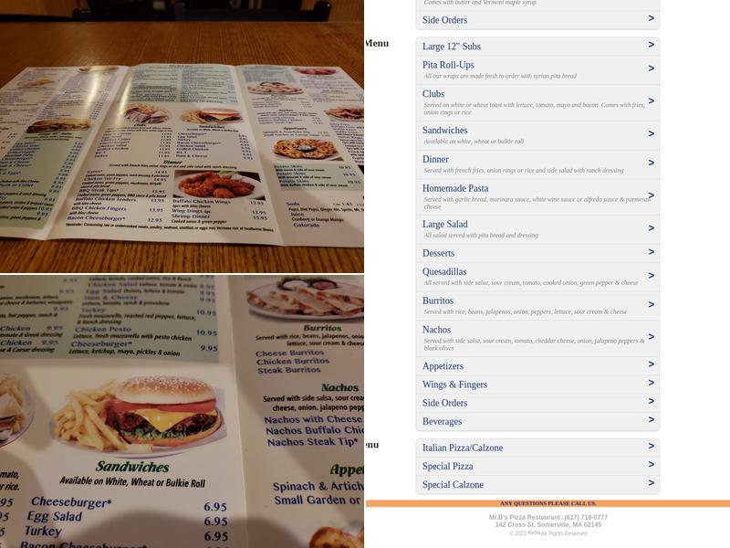 Mr B's Pizza Restaurant Menu