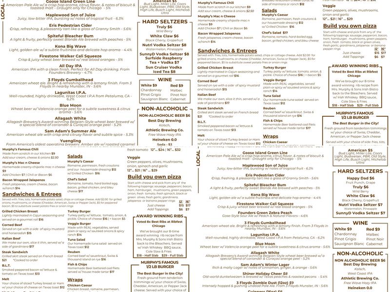 Murphy's Bleachers Menu