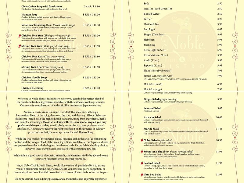 Noble Thai & Sushi Bistro Menu