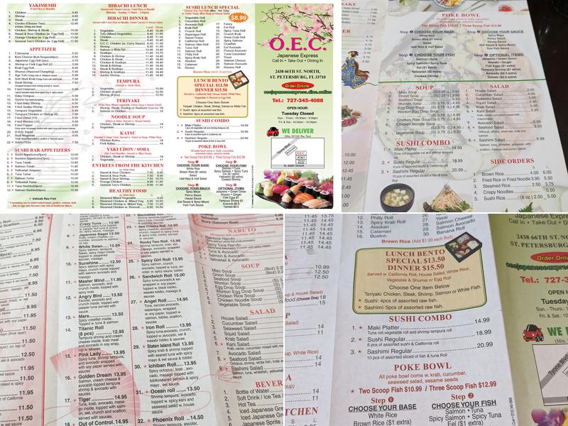 O.E.C JAPANESE EXPRESS Menu