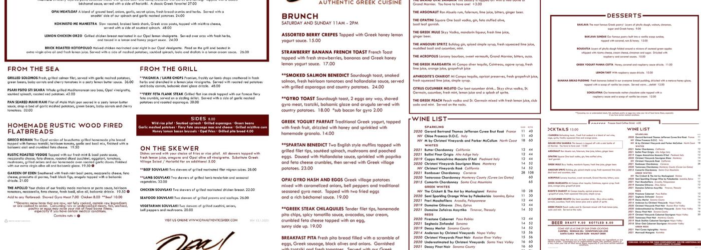 Opa! Willow Glen Menu