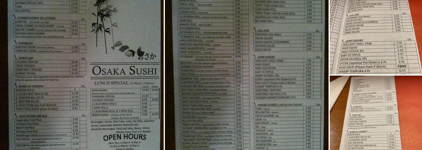 Osaka Sushi Menu