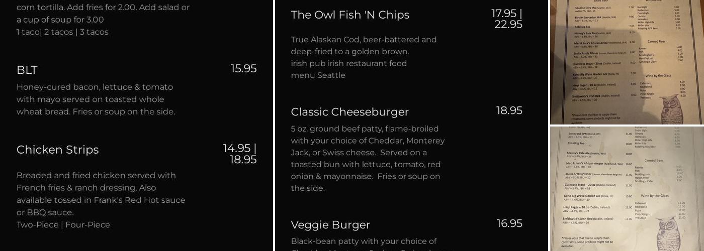 Owl N' Thistle Menu