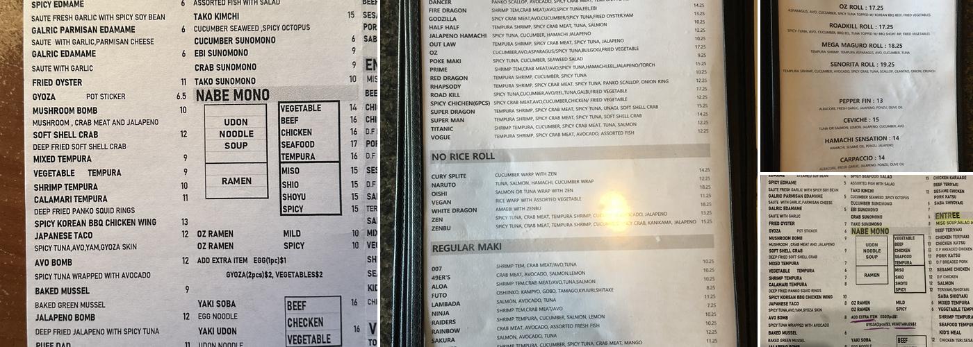 Oz Sushi & Grill Menu