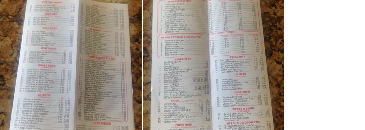 Panko Express Menu