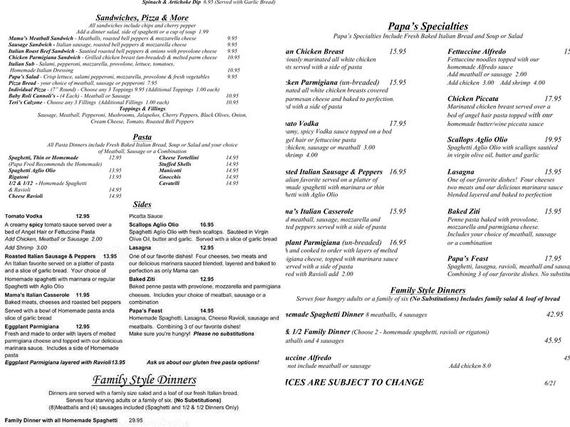 Papa Mazzotti's Italian Restaurant Menu