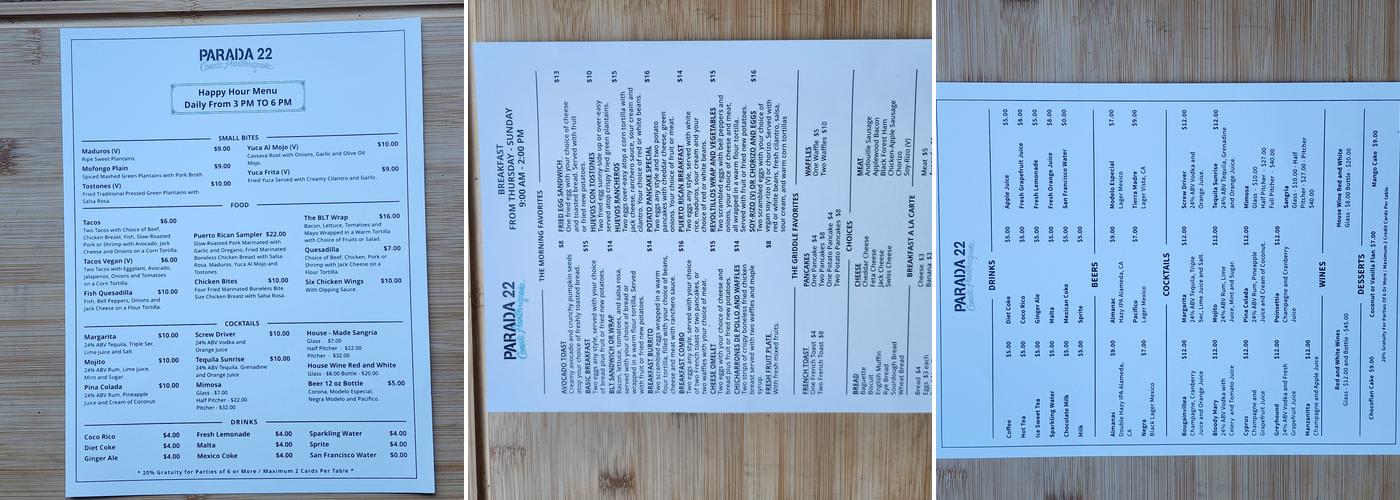 Parada 22 Menu