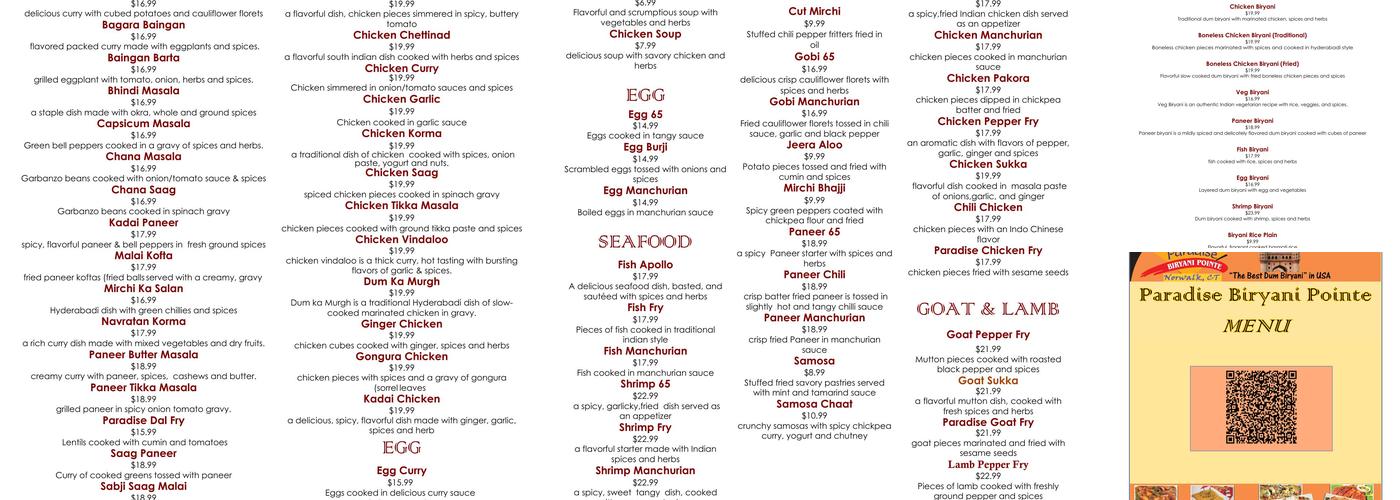 Paradise Biryani Pointe Menu