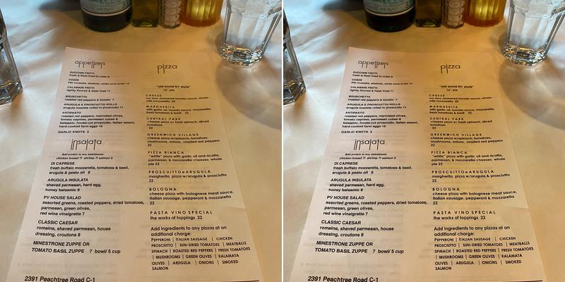 Pasta Vino Menu