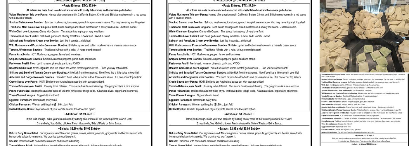 Pastaria Menu