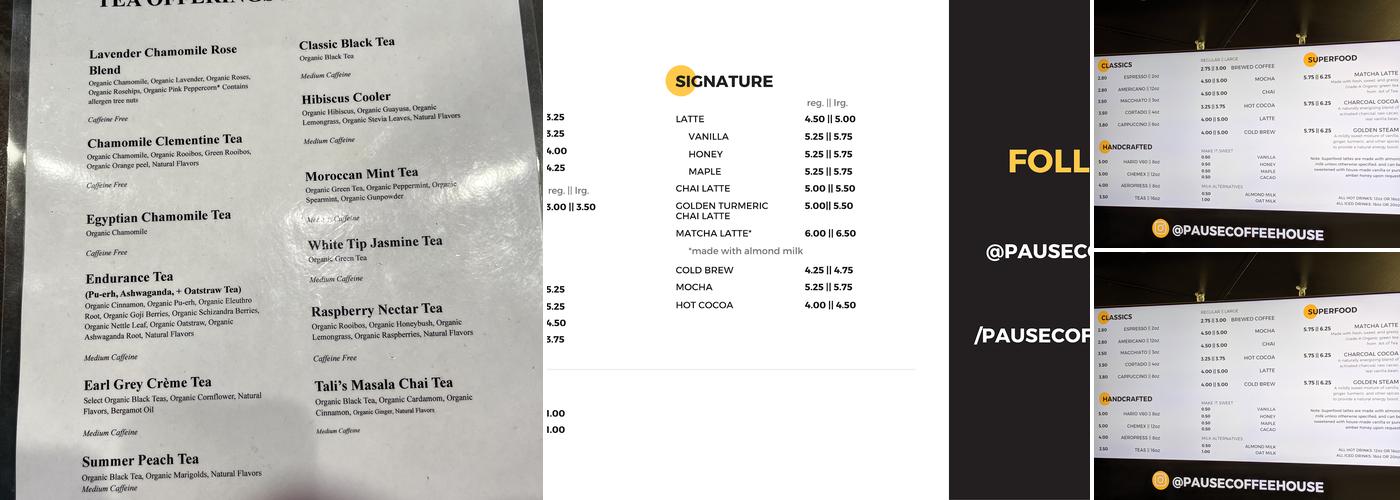 Pause Coffee House Menu
