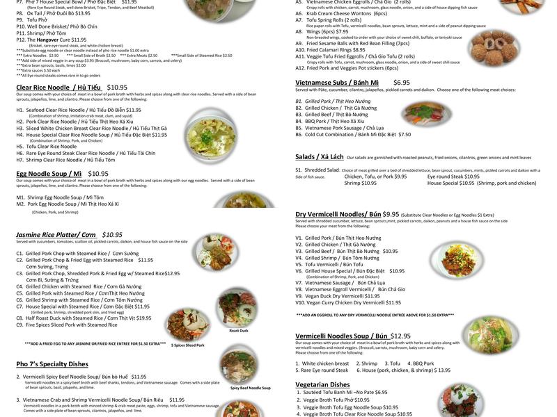Phở 7 Menu