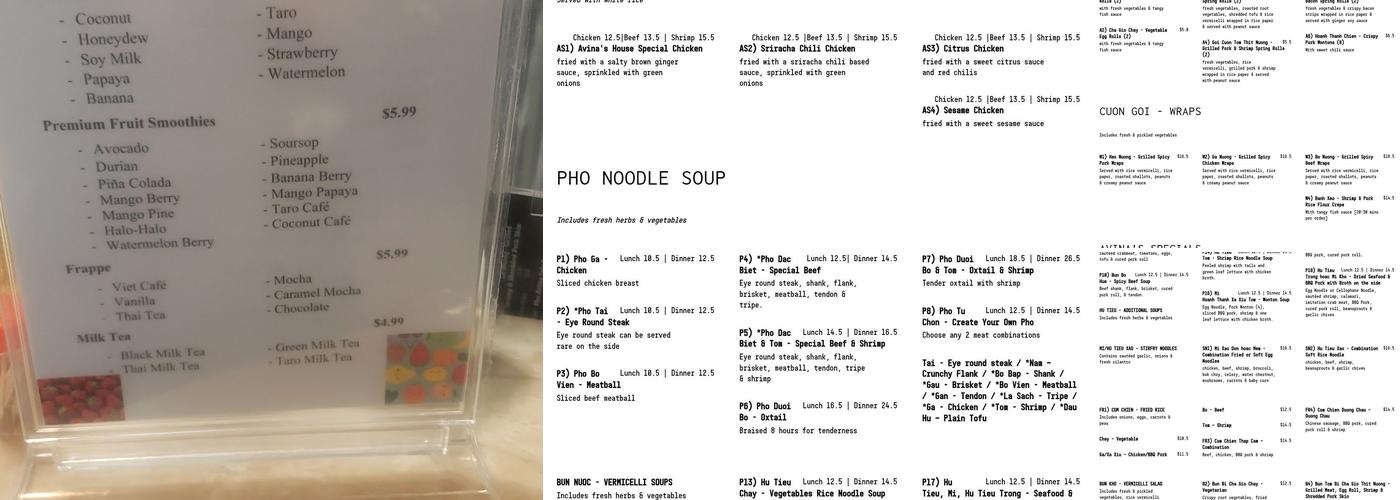 Phở Avina Menu