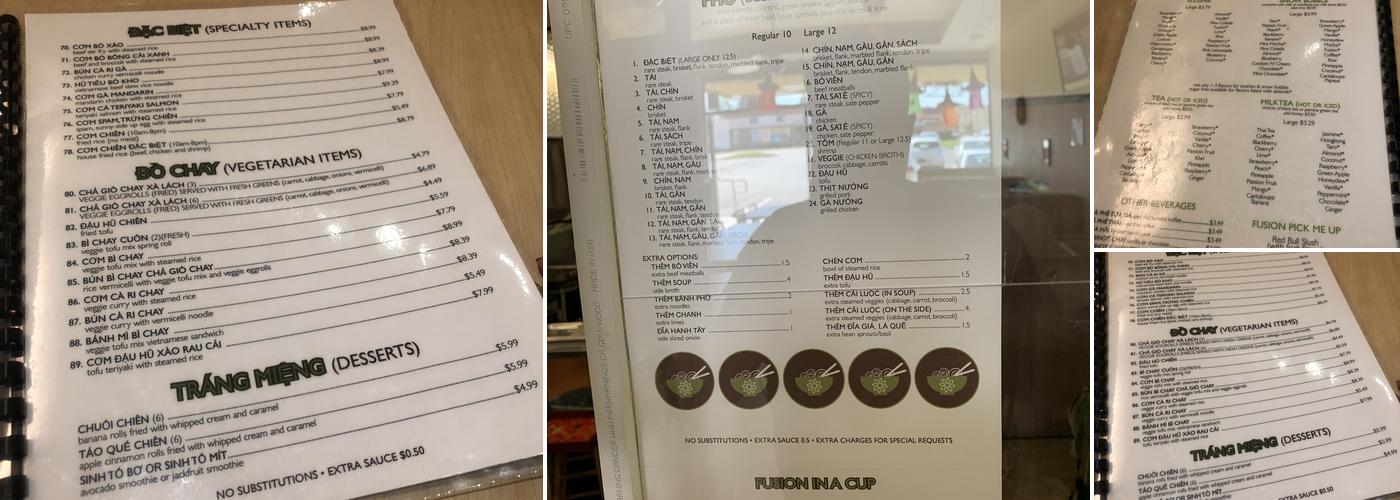 Pho Fusion Menu