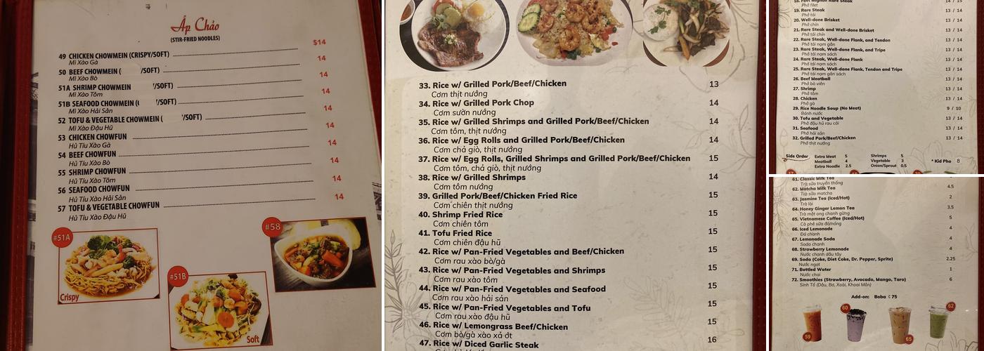 Pho Gia Long Menu