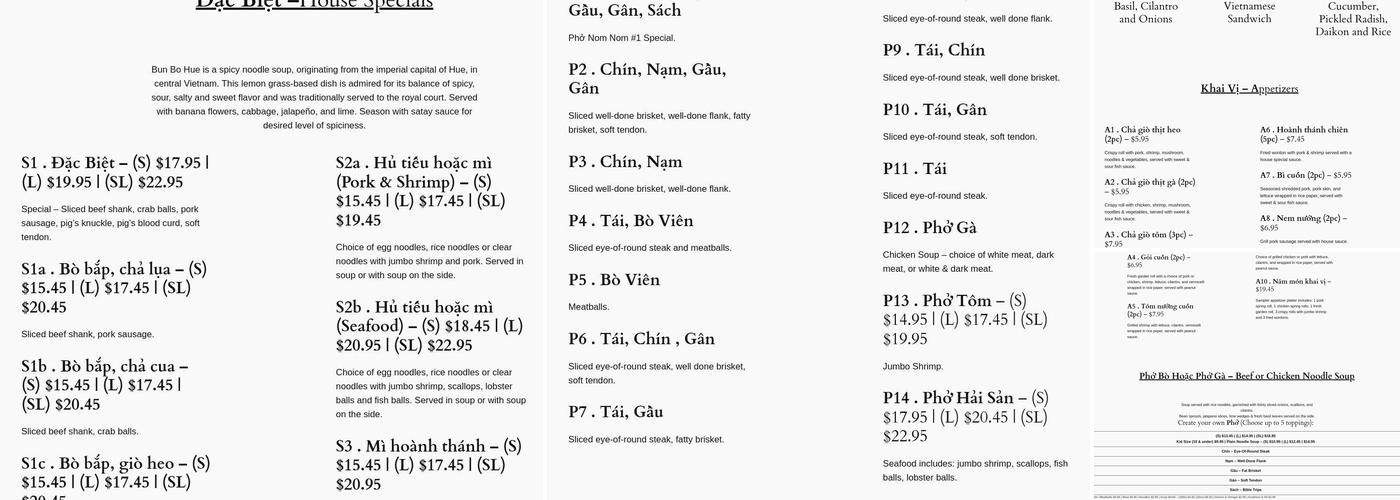 Pho Nom Nom Menu