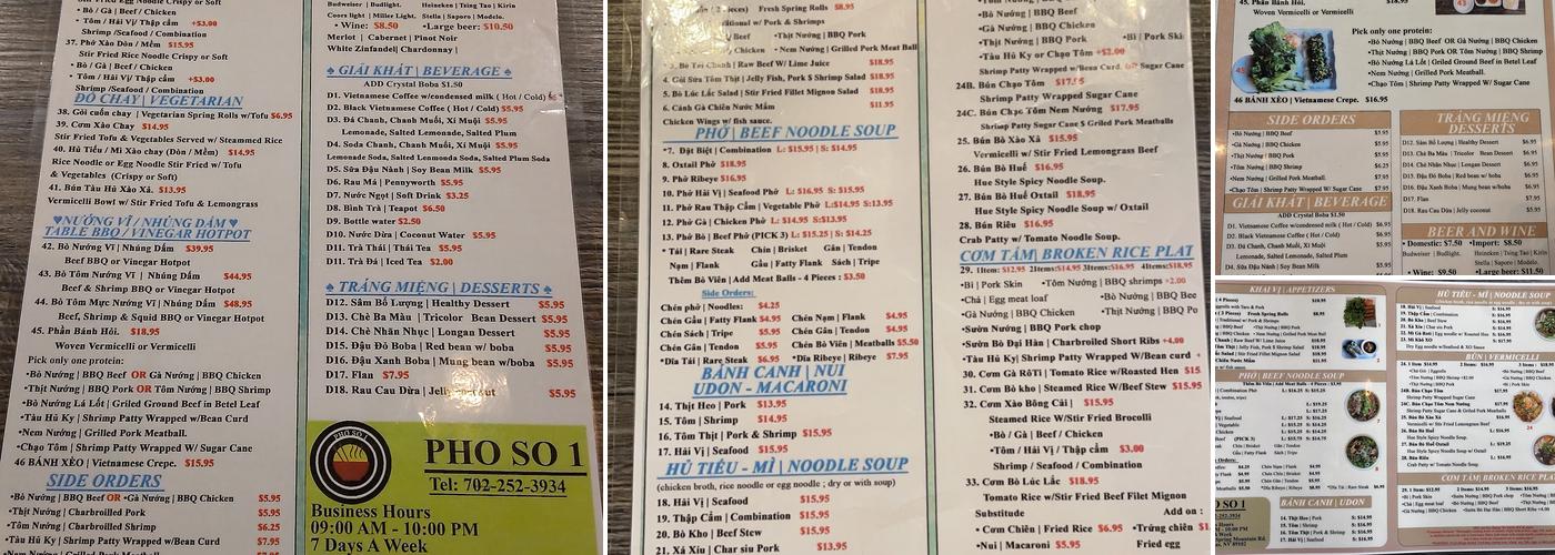 Phở Số 1 Menu