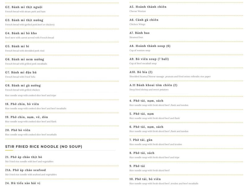 Pho Tau Bay Menu