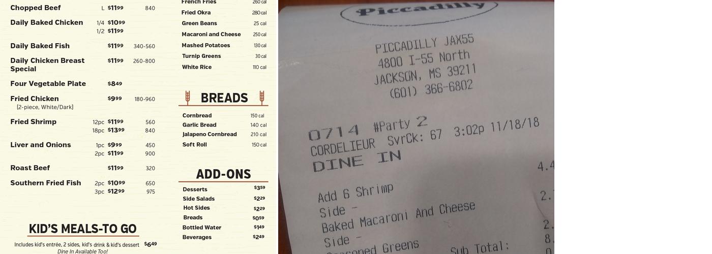 Piccadilly Menu