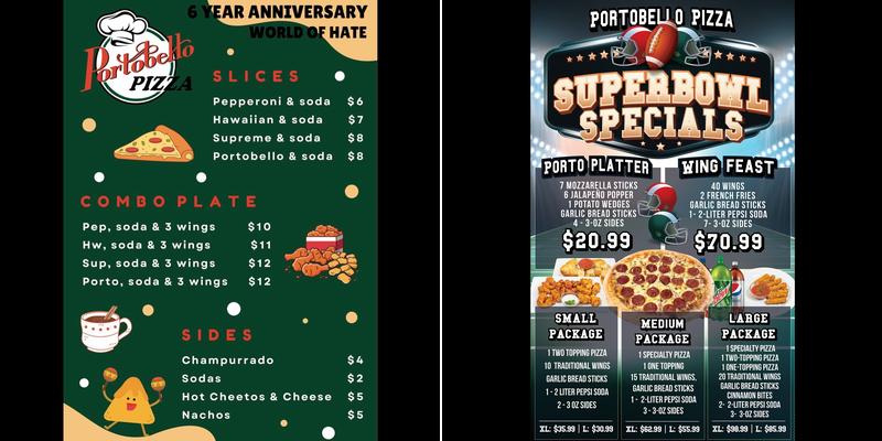 Portobello Pizza Menu