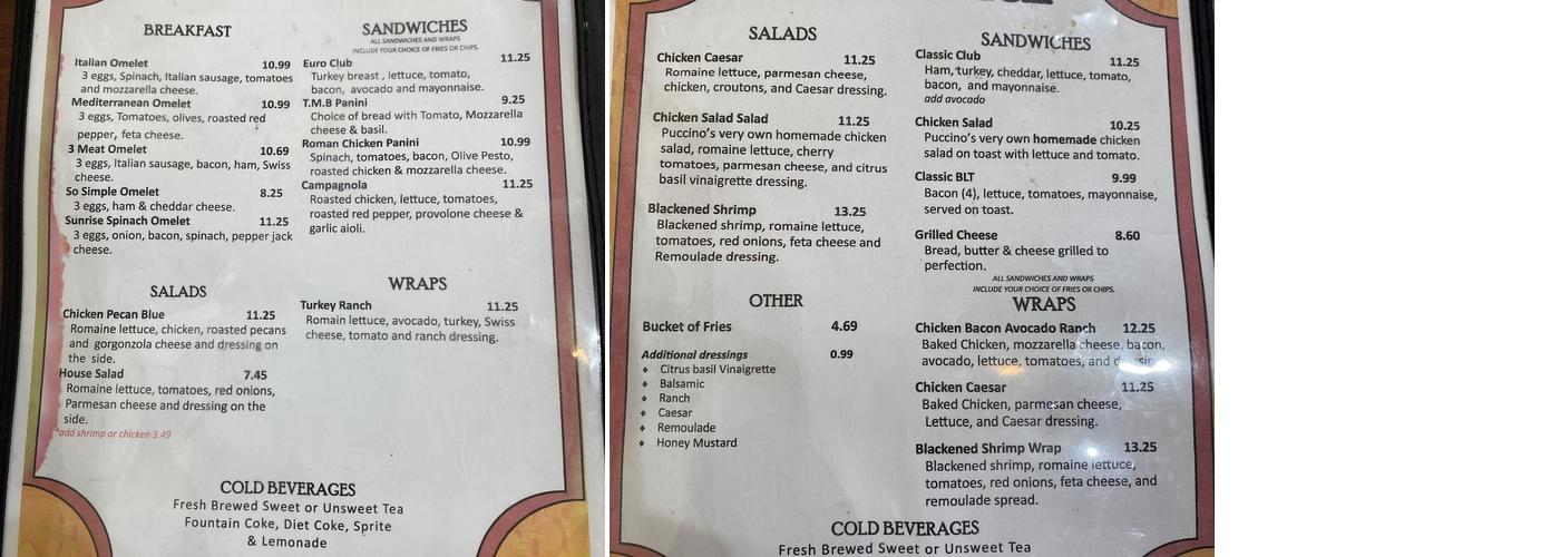 Puccino's Coffee Menu