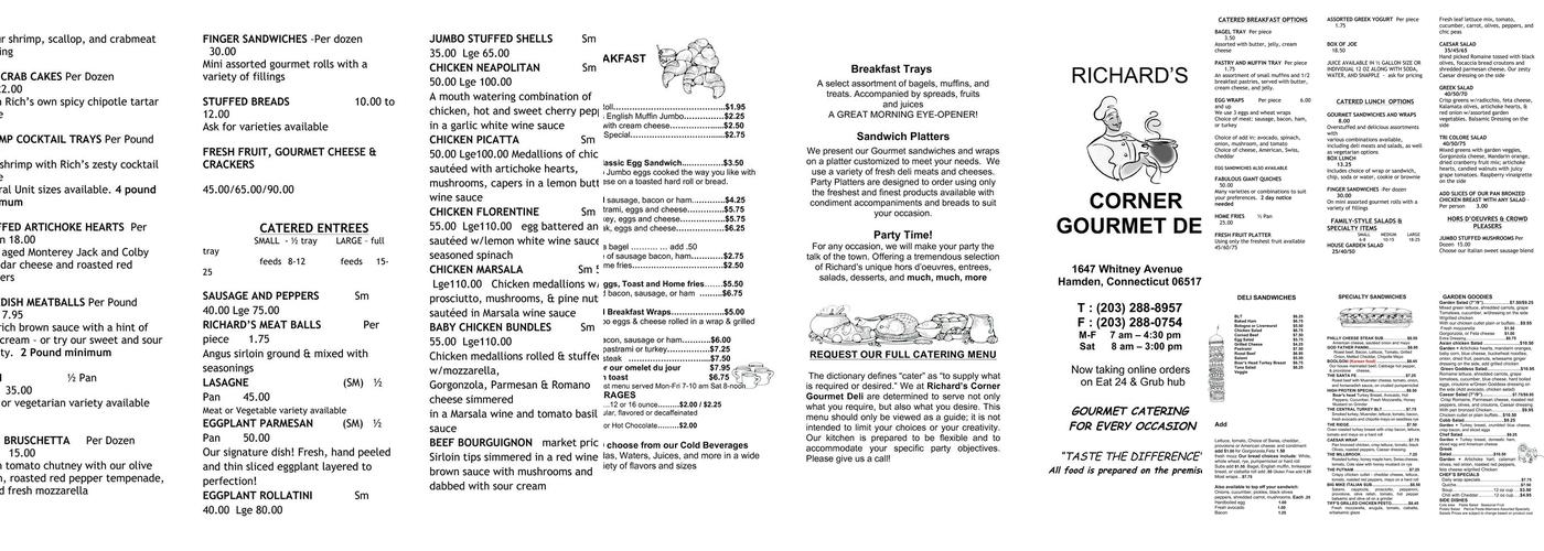 Richard's Corner Gourmet Deli Menu