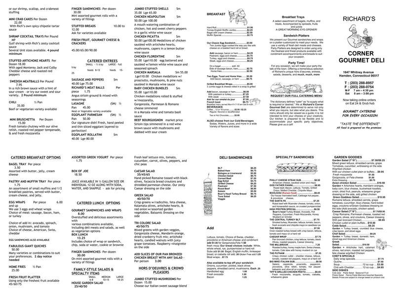 Richard's Corner Gourmet Deli Menu