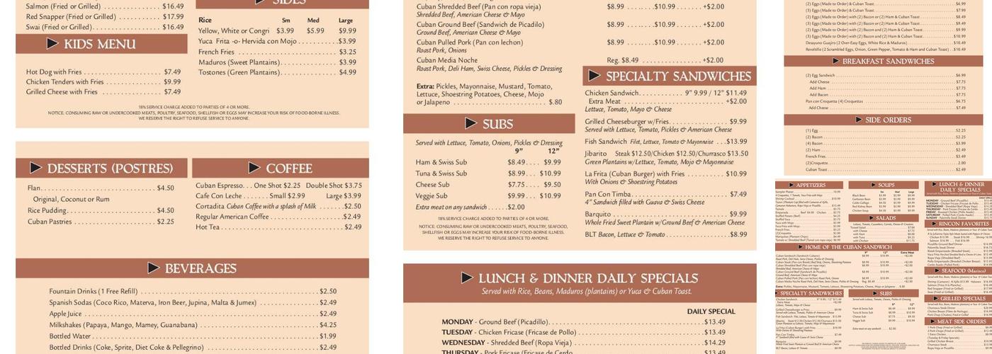 Rincon Cubano Menu